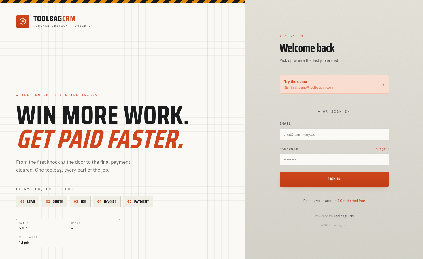 ToolbagCRM welcome and sign-in screen with demo sign-in option