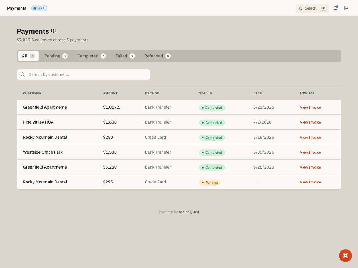 ToolbagCRM Payments screen