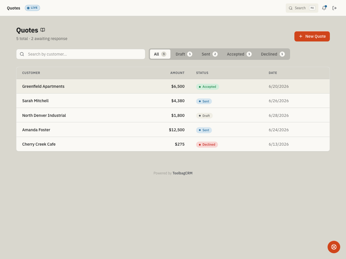 ToolbagCRM Quotes screen
