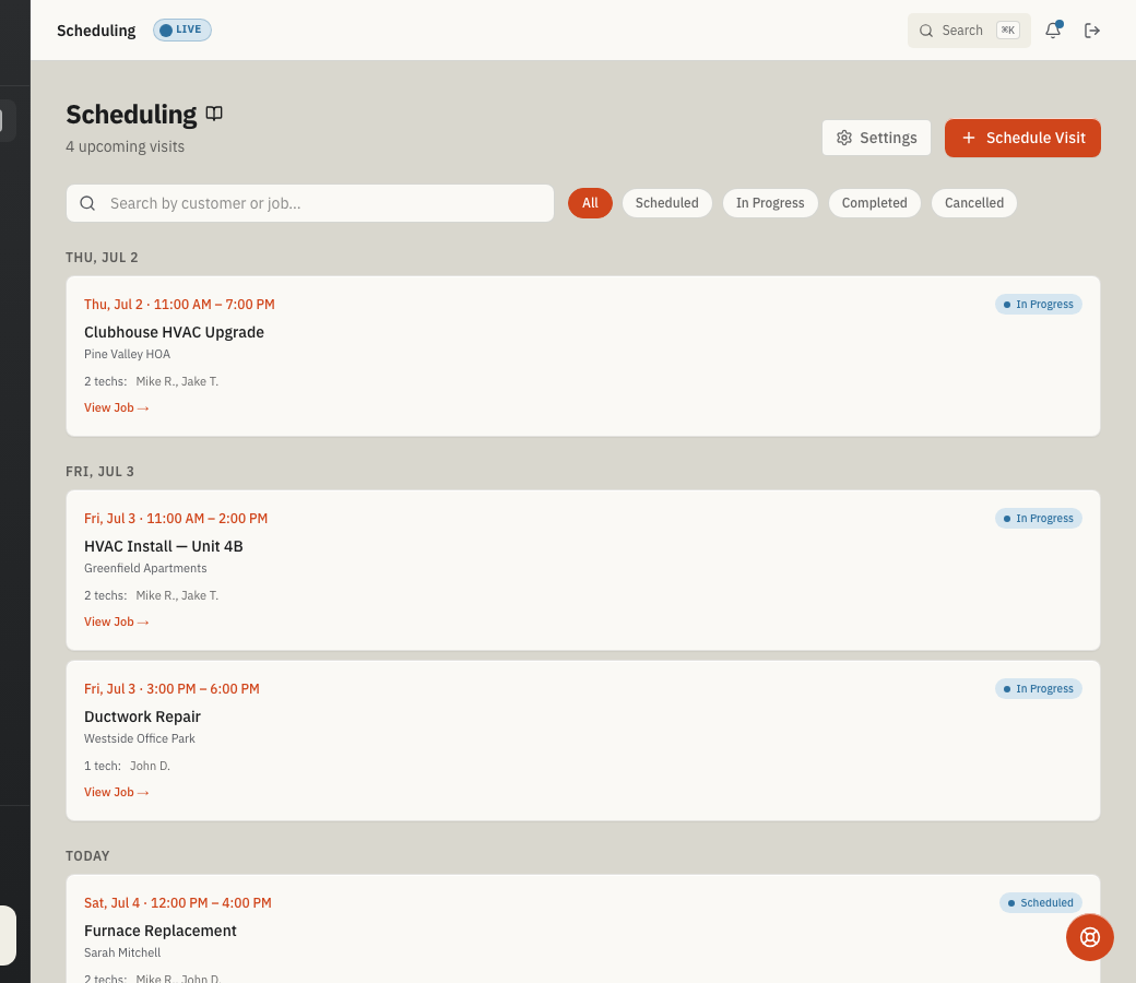 ToolbagCRM Scheduling page with visit cards showing time ranges, status badges, job titles, customer names, and assigned team members.