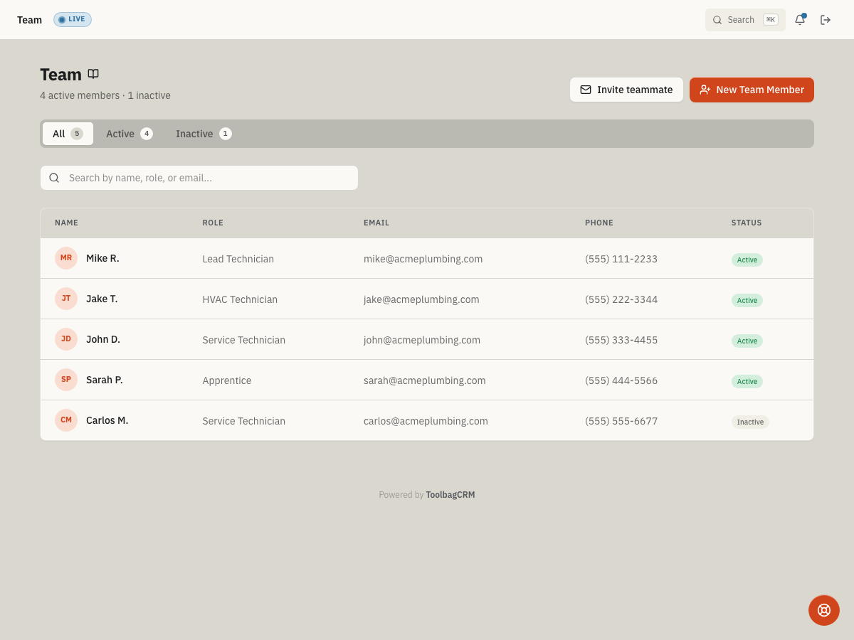 ToolbagCRM Team screen