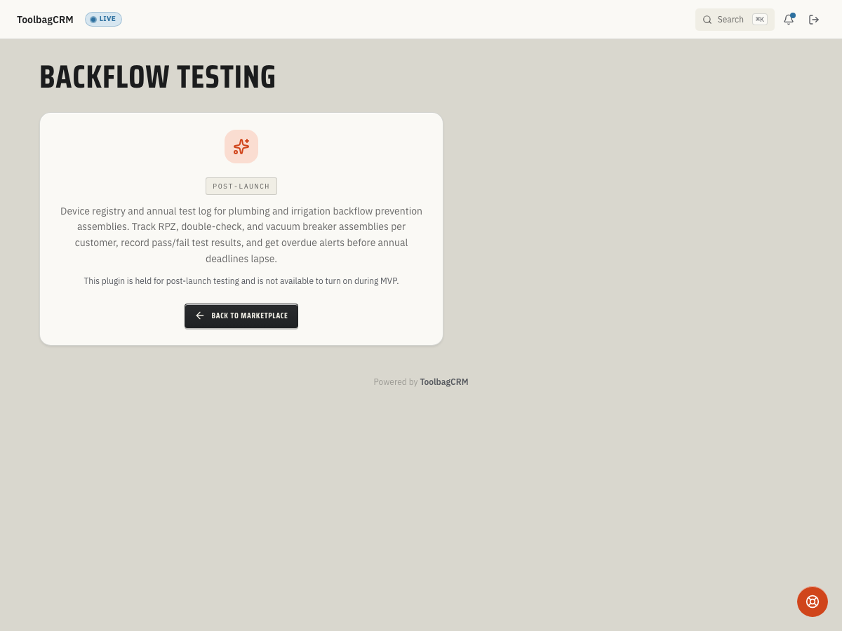 ToolbagCRM Backflow Testing post-launch placeholder