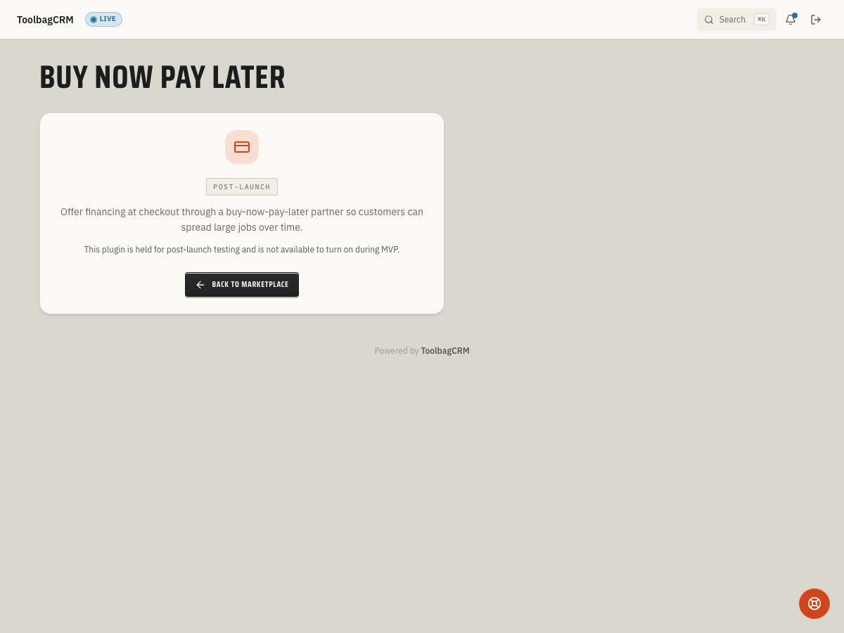 ToolbagCRM Buy Now Pay Later (Coming Soon) screen