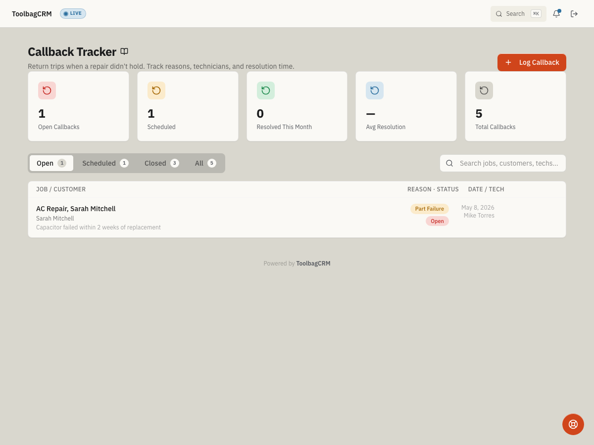 ToolbagCRM Callback Tracker screen