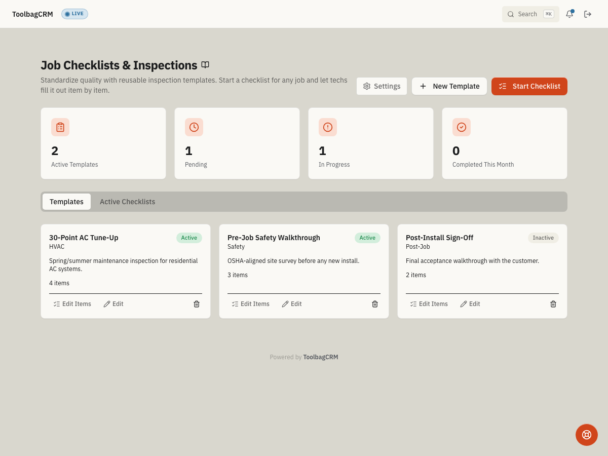 ToolbagCRM Job Checklists & Inspections screen