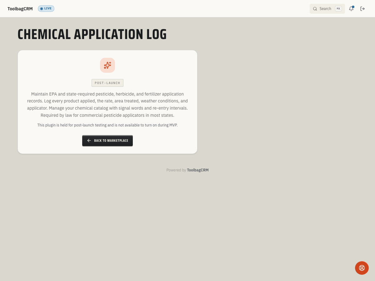 ToolbagCRM Chemical Application Log disabled enablement screen