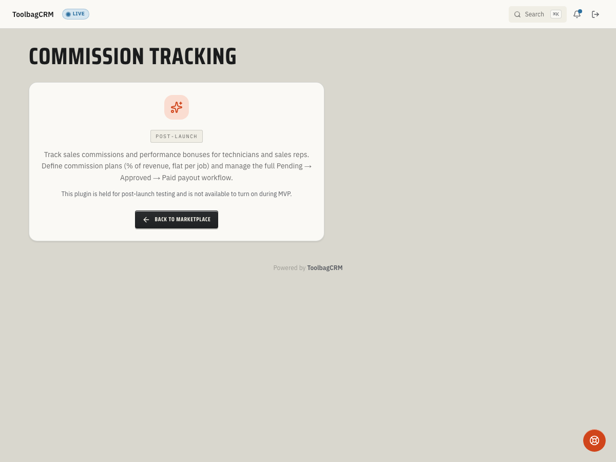 ToolbagCRM Commission Tracking enablement screen