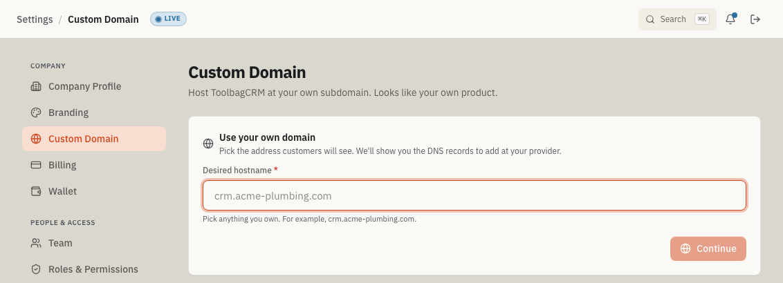 ToolbagCRM Custom Domain settings page with the Desired hostname field