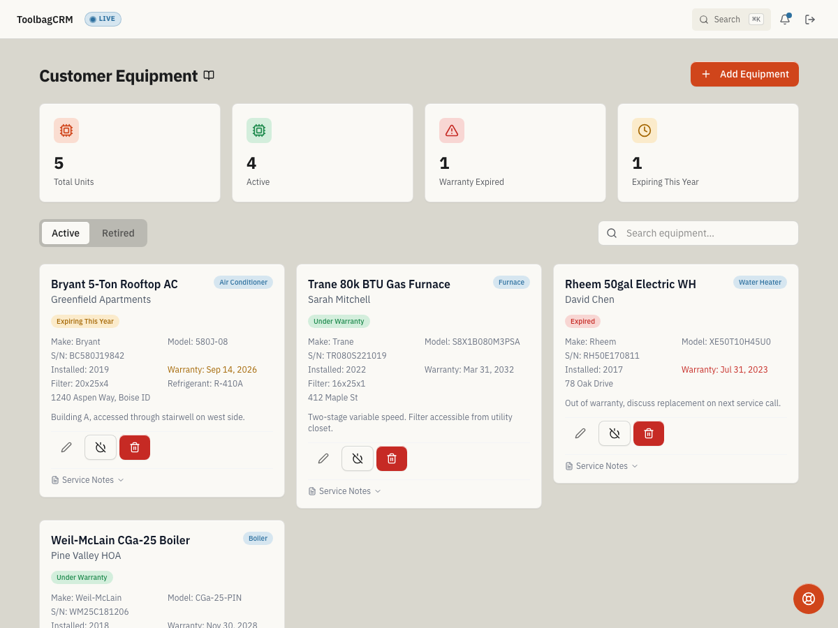 ToolbagCRM Customer Equipment screen