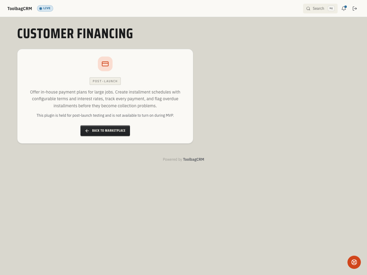 ToolbagCRM Customer Financing enablement state