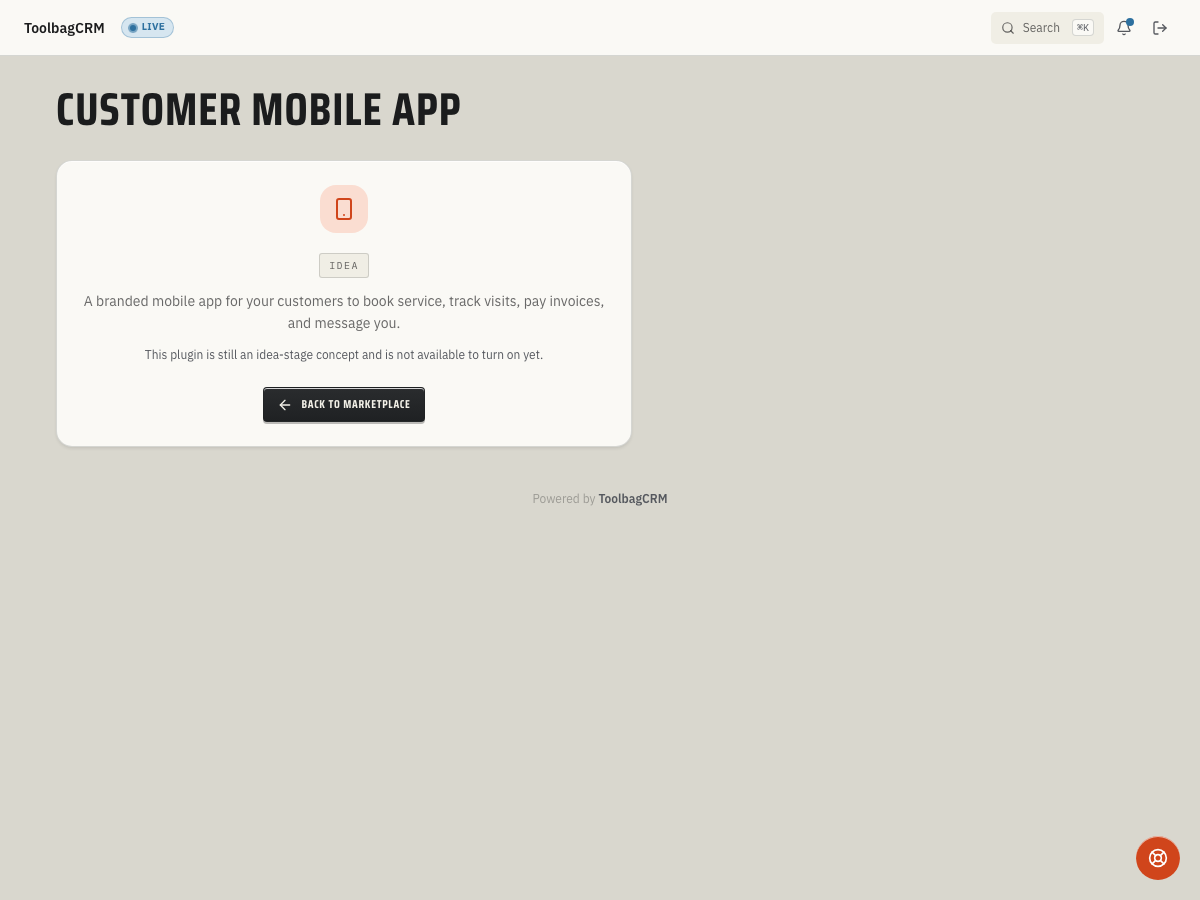 ToolbagCRM Customer Mobile App public-preview screen
