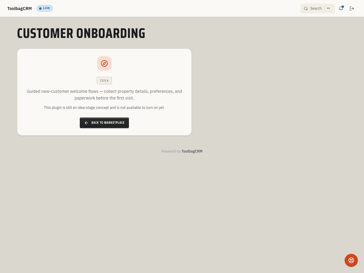 ToolbagCRM Customer Onboarding (Coming Soon) preview screen