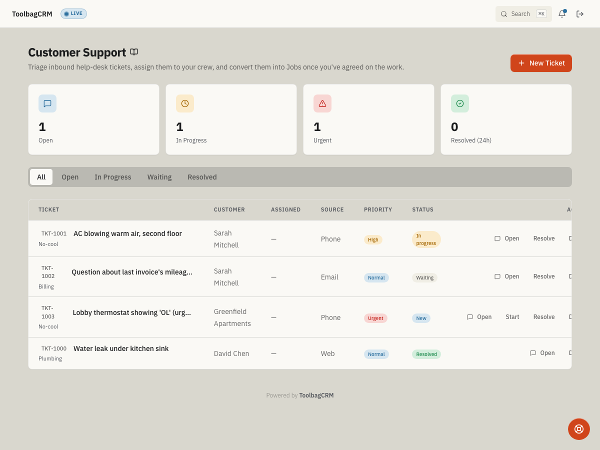 ToolbagCRM Customer Support screen