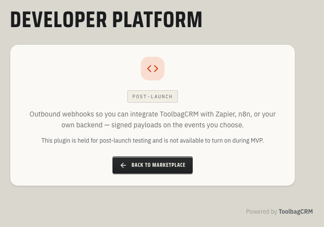 ToolbagCRM Developer Platform post-launch placeholder screen