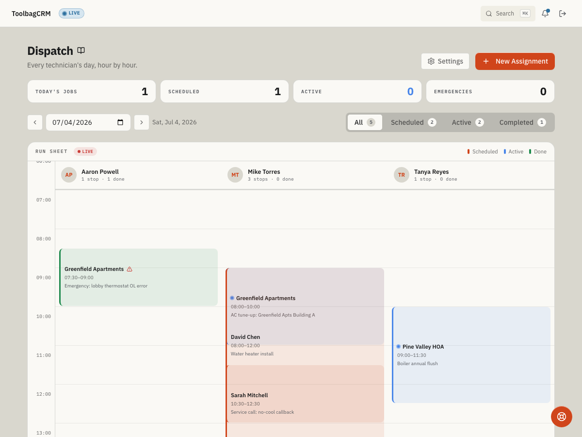 ToolbagCRM Dispatch Board screen
