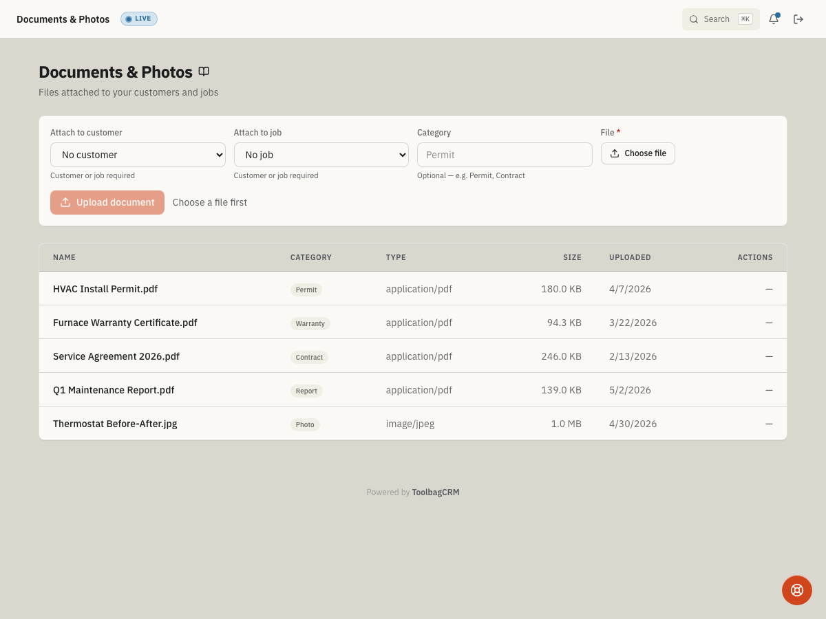 ToolbagCRM Documents & Photos screen