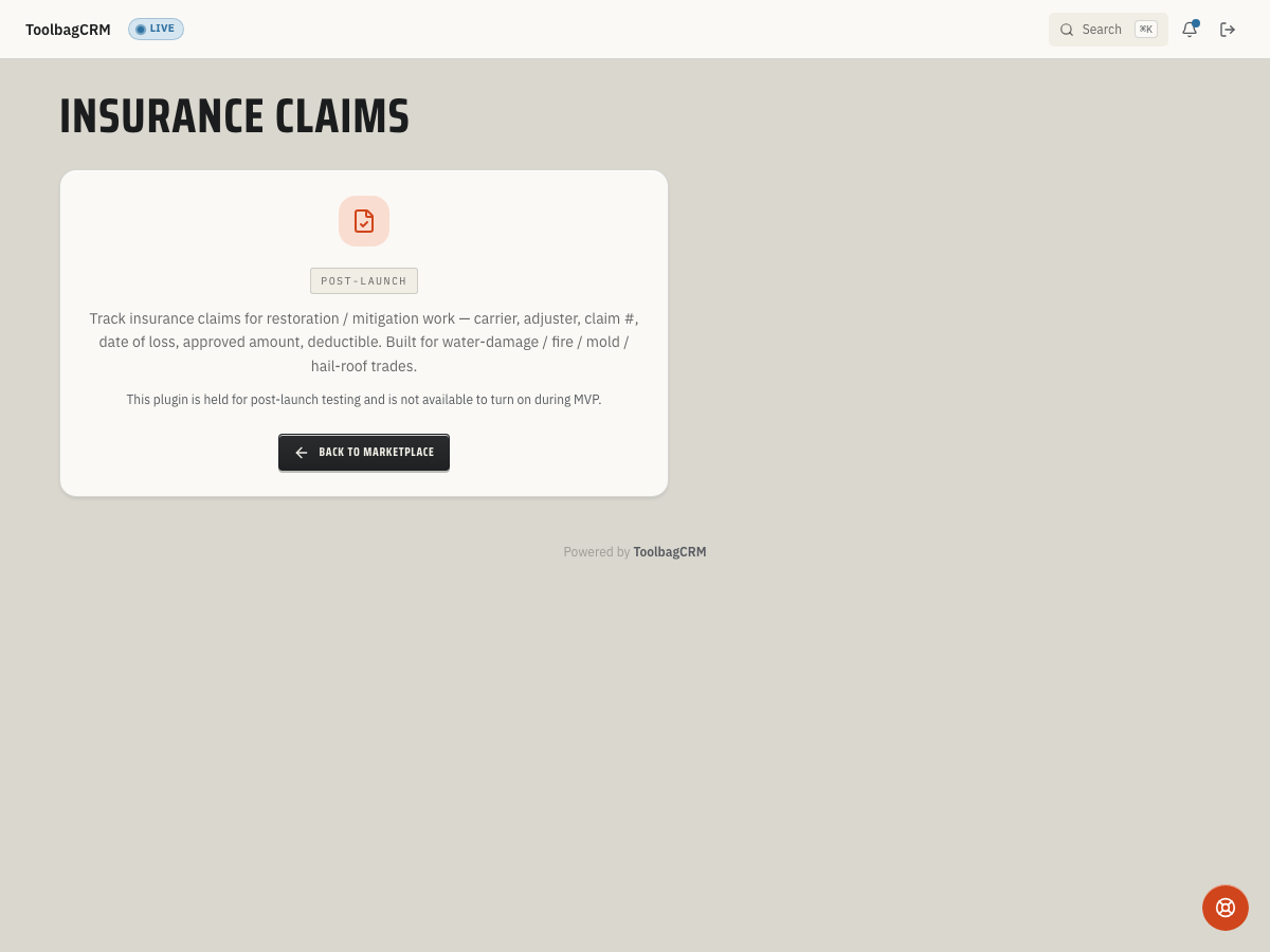 ToolbagCRM Insurance Claims disabled-state screen with an Open Settings button