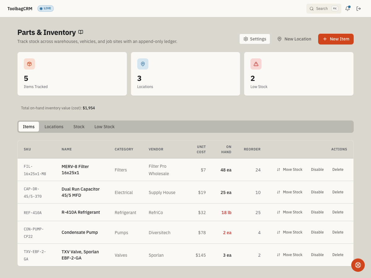 ToolbagCRM Parts & Inventory screen
