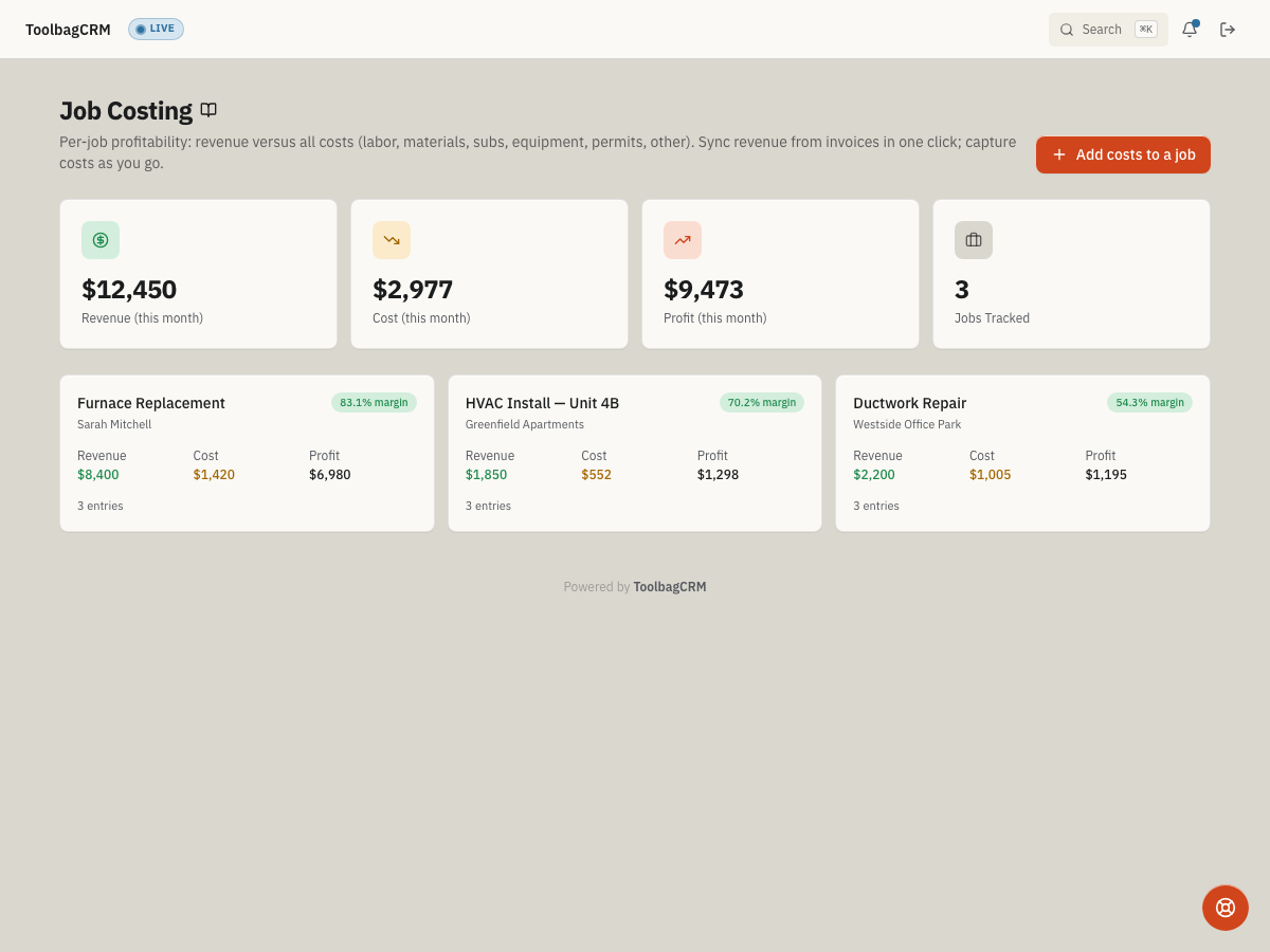 ToolbagCRM Job Costing dashboard with monthly revenue, cost, profit, jobs tracked, and job margin cards