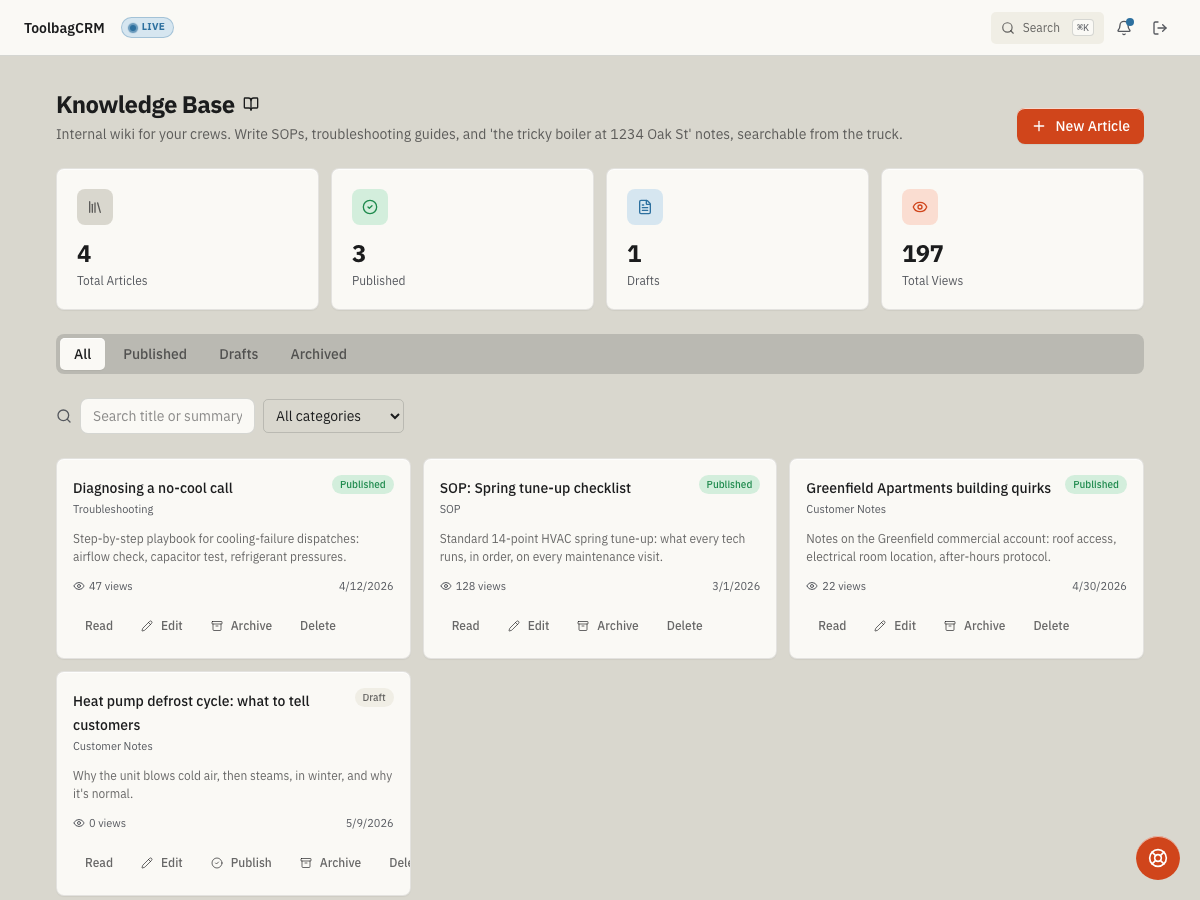 ToolbagCRM Knowledge Base enablement state