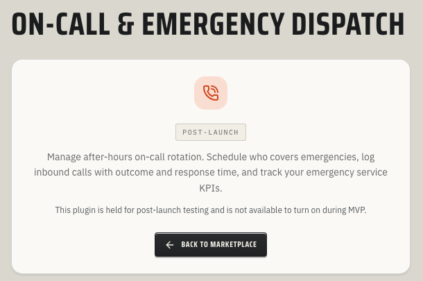 ToolbagCRM On-Call & Emergency Dispatch post-launch availability card