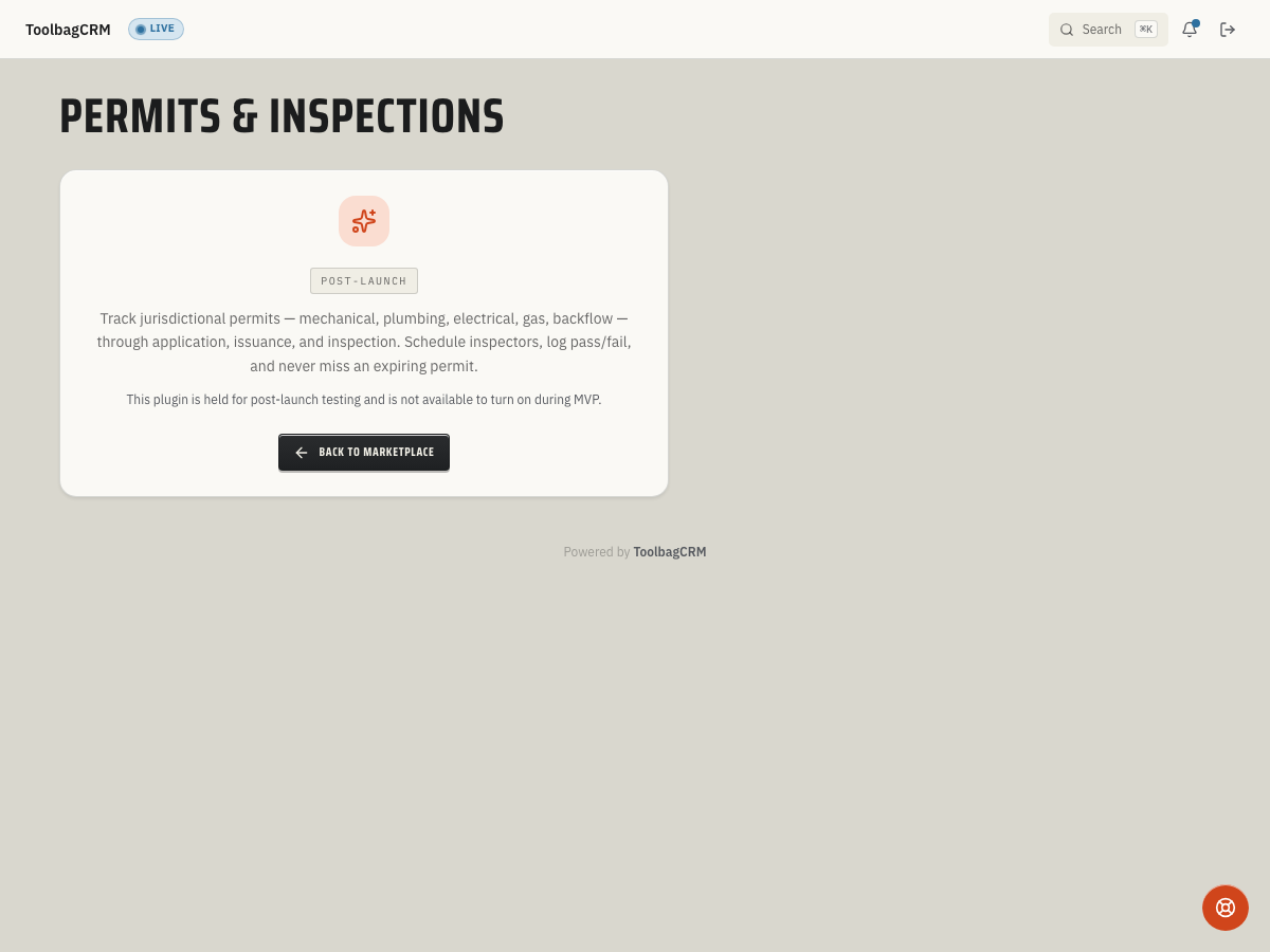 ToolbagCRM Permits & Inspections disabled-state screen with an Open Settings button