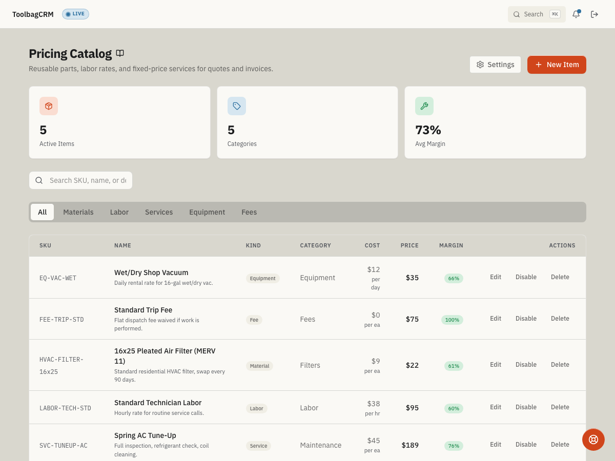 ToolbagCRM Pricing Catalog screen