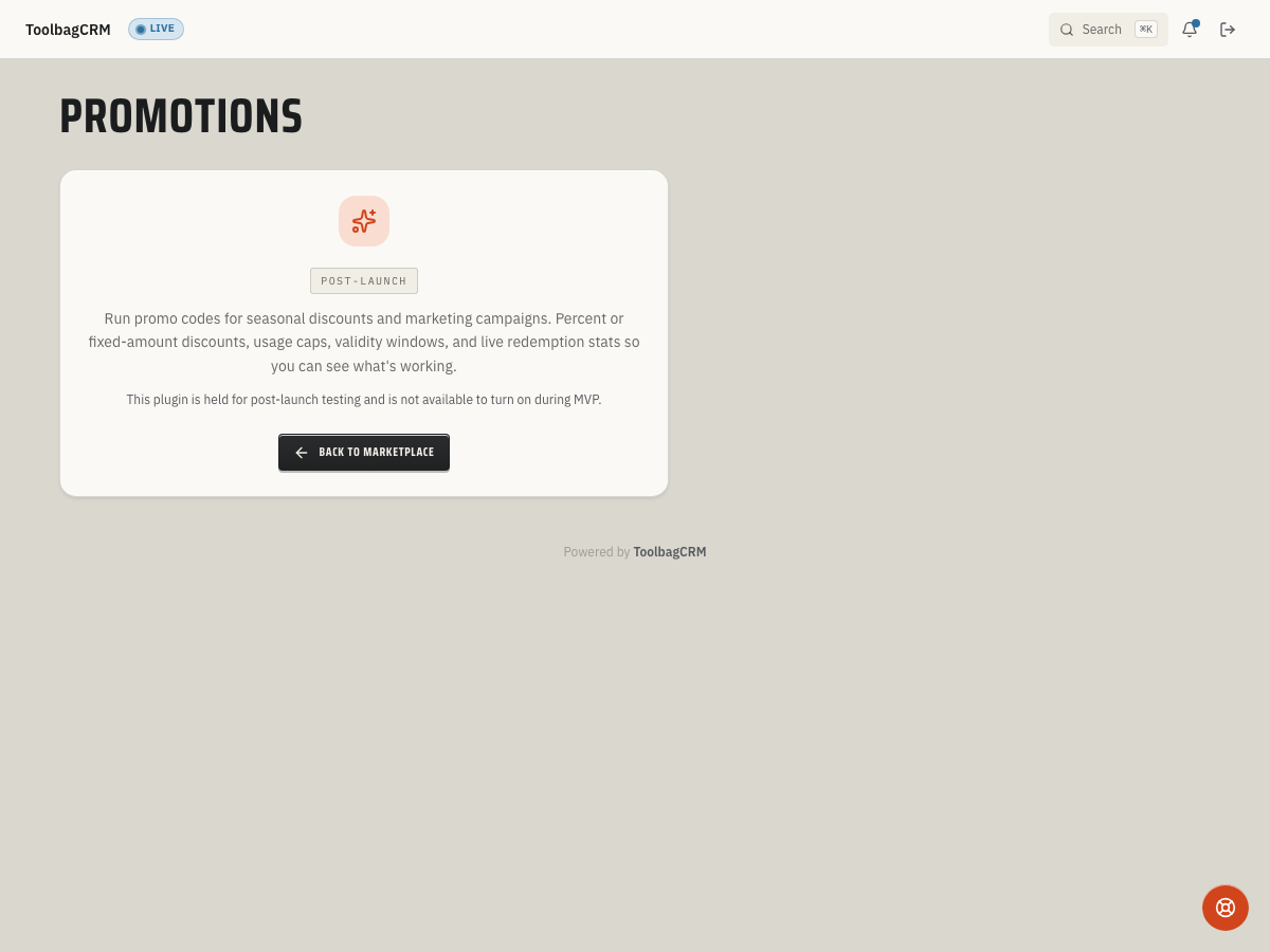 ToolbagCRM Promotions enablement screen