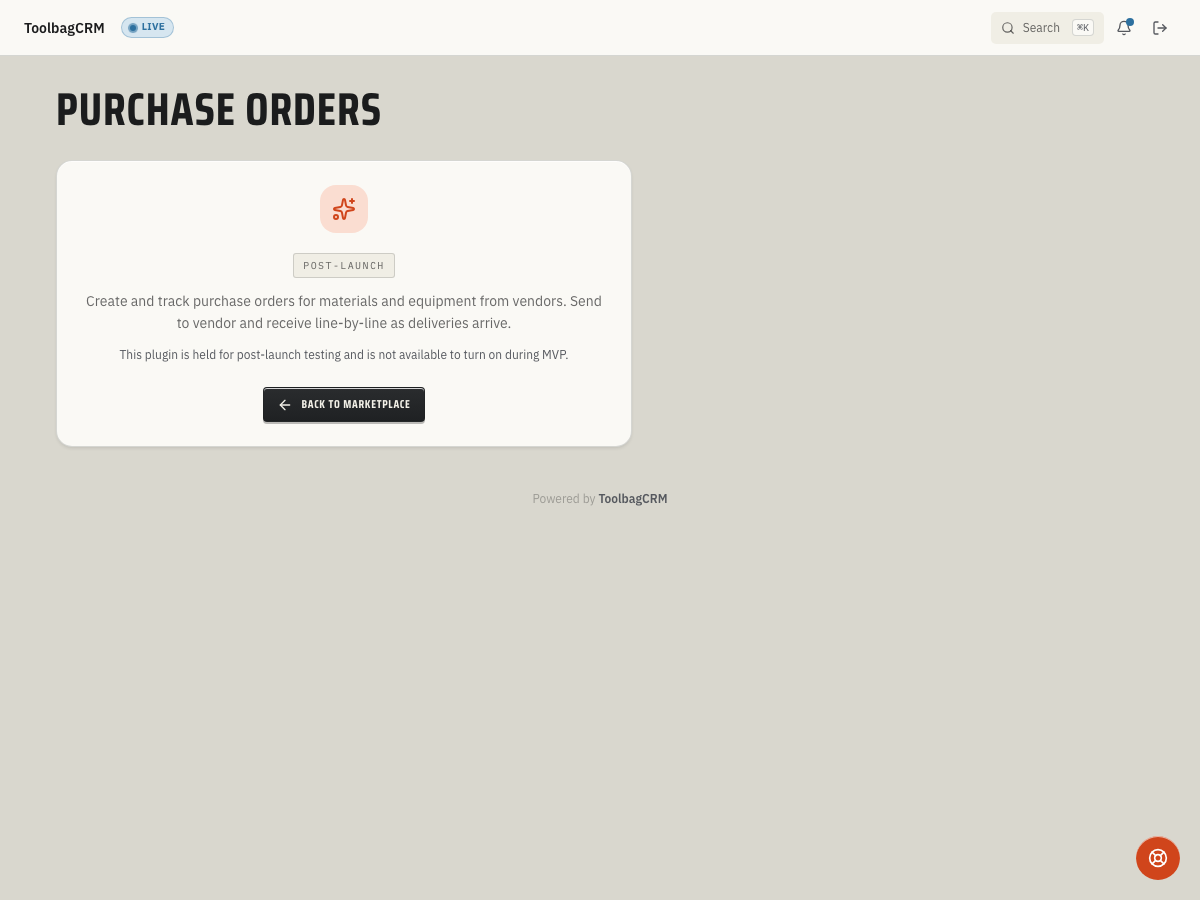 ToolbagCRM Purchase Orders screen