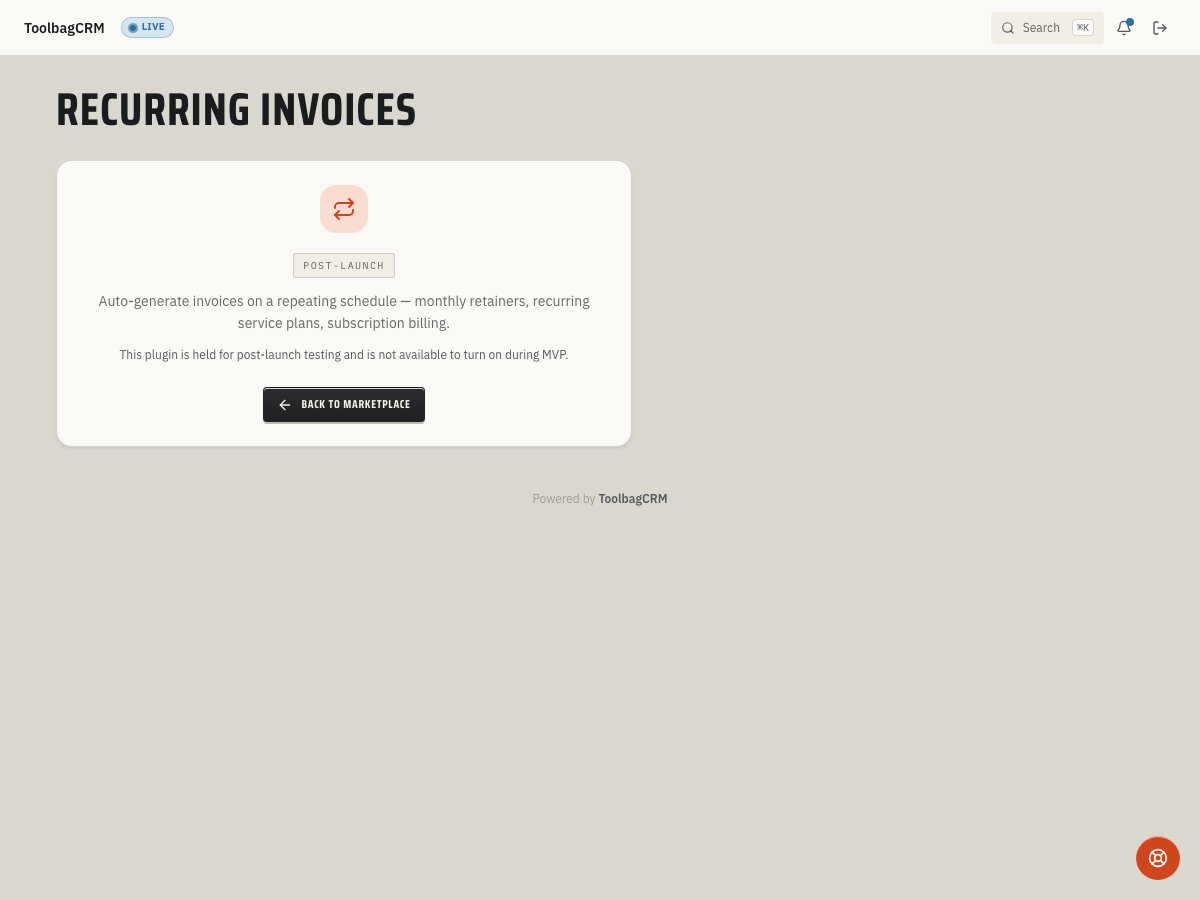 ToolbagCRM Recurring Invoices (Coming Soon) screen