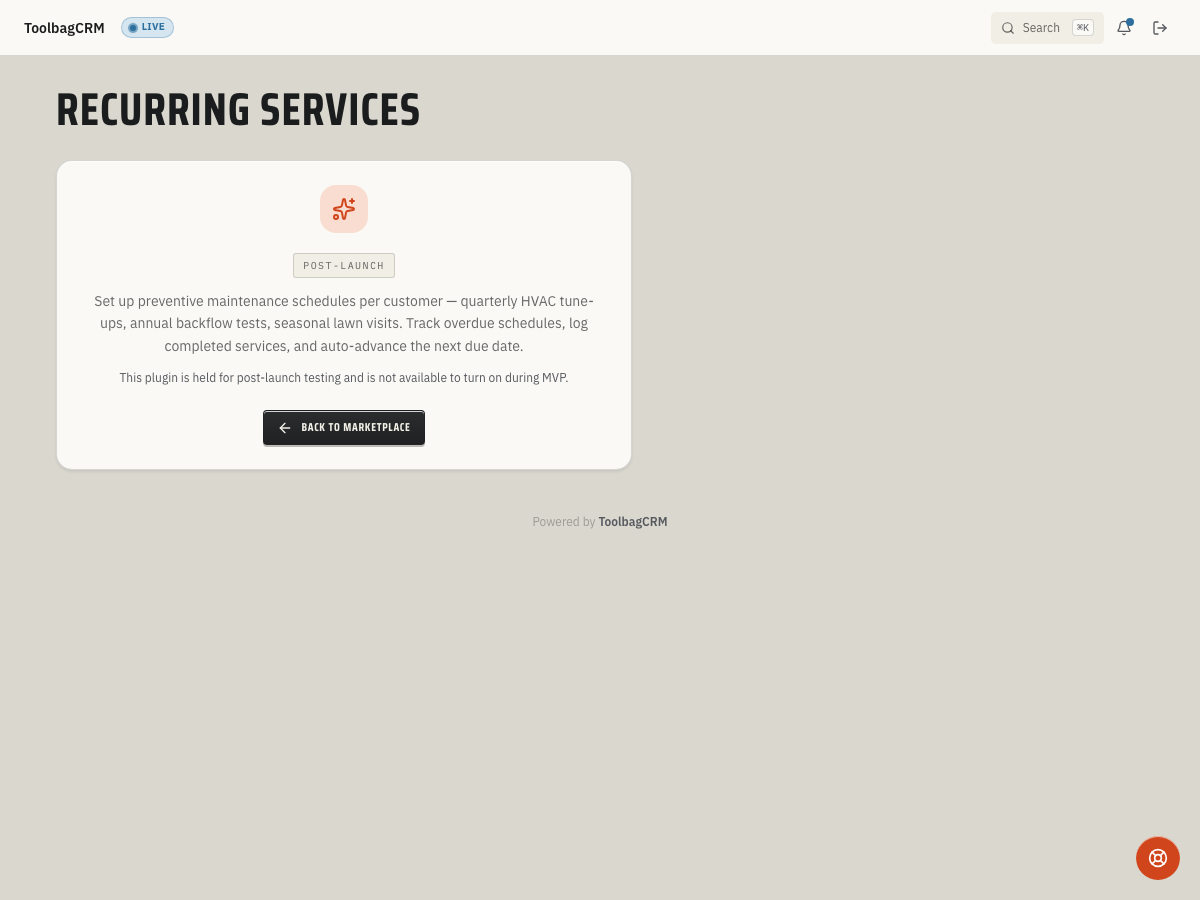 Recurring Services page showing schedule cards, status badges, due dates, and service actions