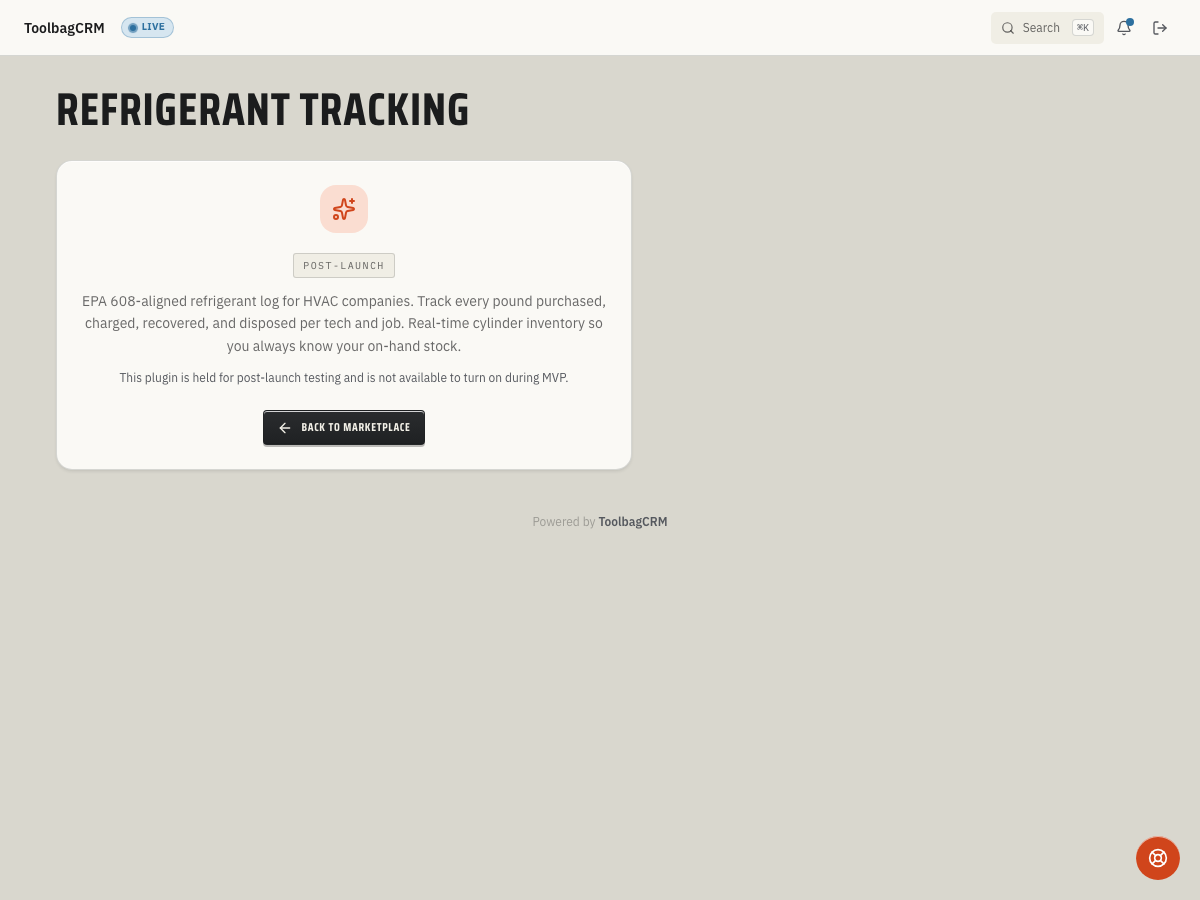 ToolbagCRM Refrigerant Tracking enablement screen