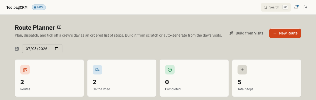 Route Planner screen with date controls, route actions, and aggregate route, on-the-road, completed, and stop counts