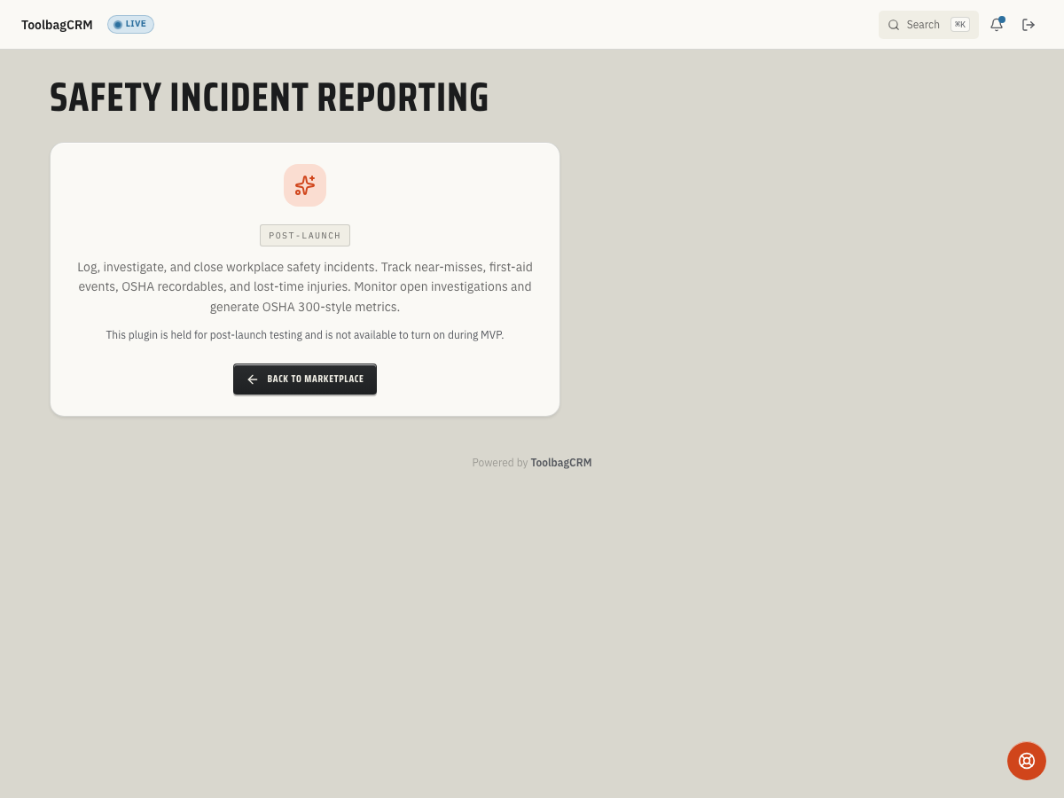ToolbagCRM Safety Incident Reporting screen