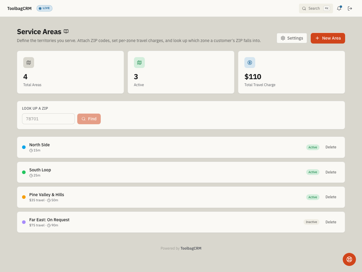 ToolbagCRM Service Areas screen