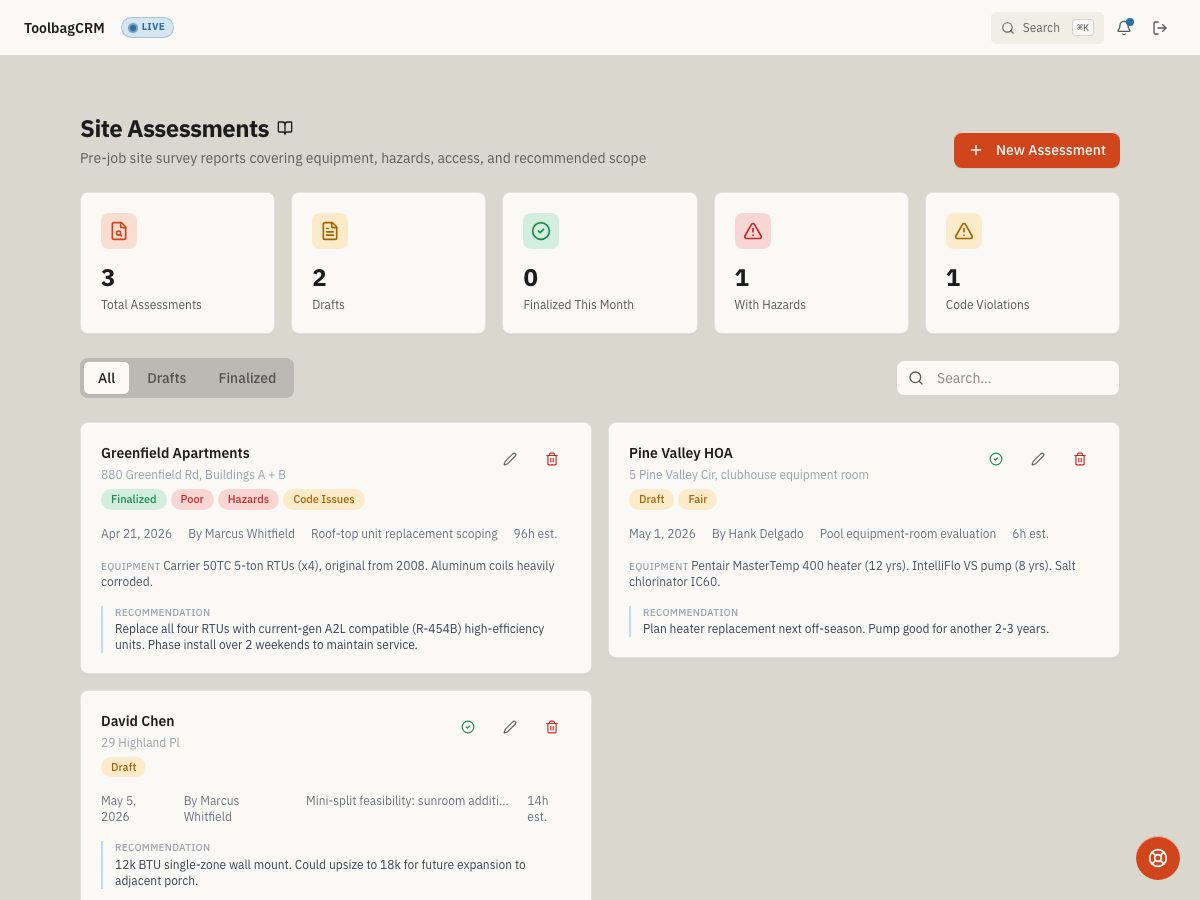 ToolbagCRM Site Assessments screen