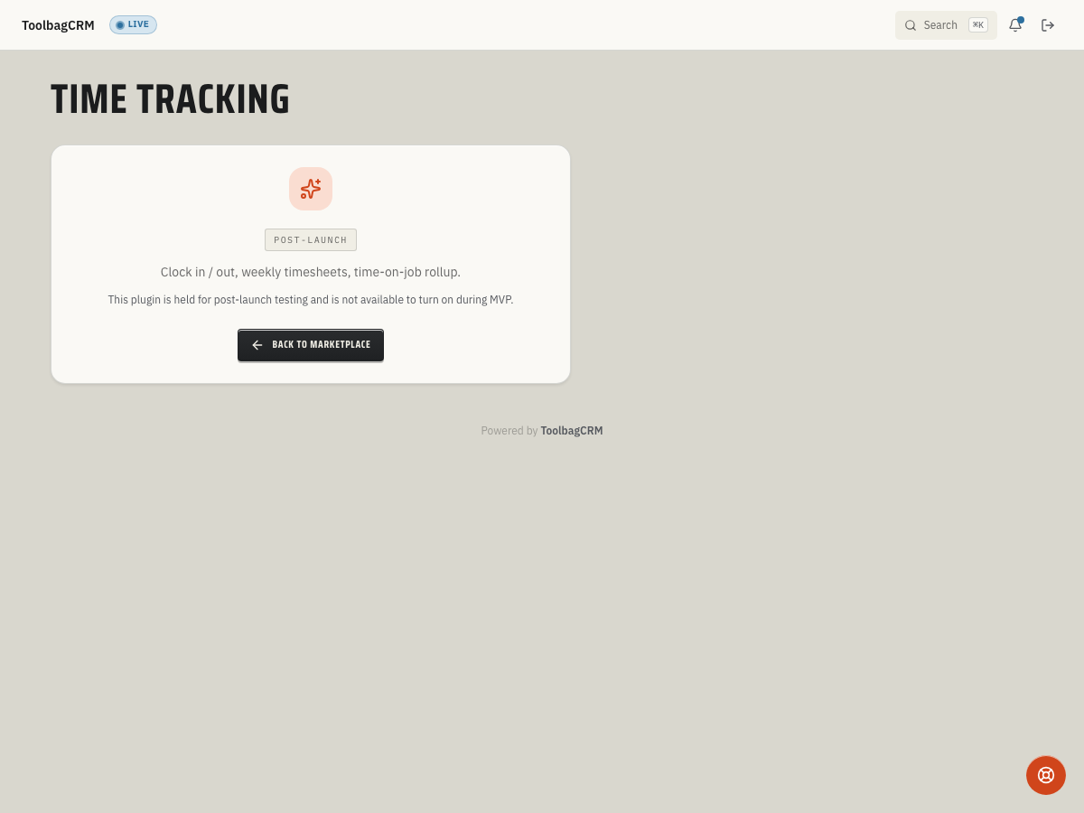 ToolbagCRM Time Tracking screen