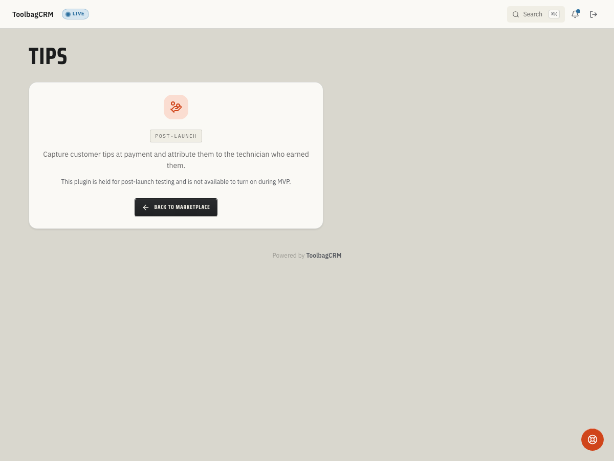 ToolbagCRM Tips (Coming Soon) screen