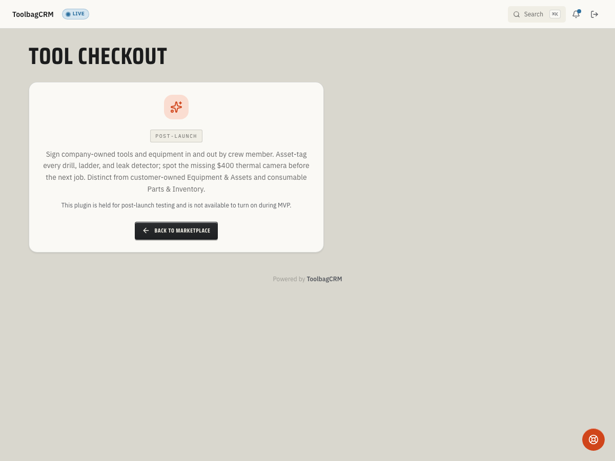 ToolbagCRM Tool Checkout screen