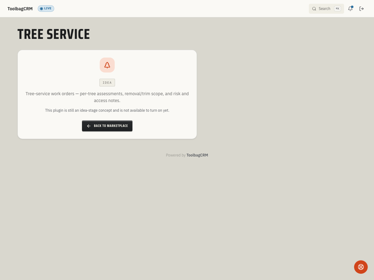 ToolbagCRM Tree Service coming-soon preview screen