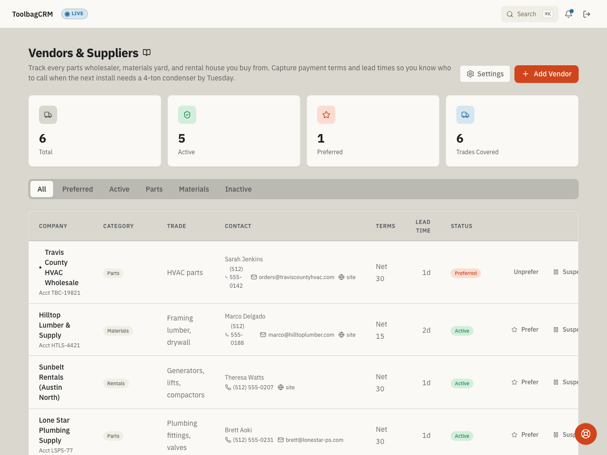 ToolbagCRM Vendors & Suppliers screen