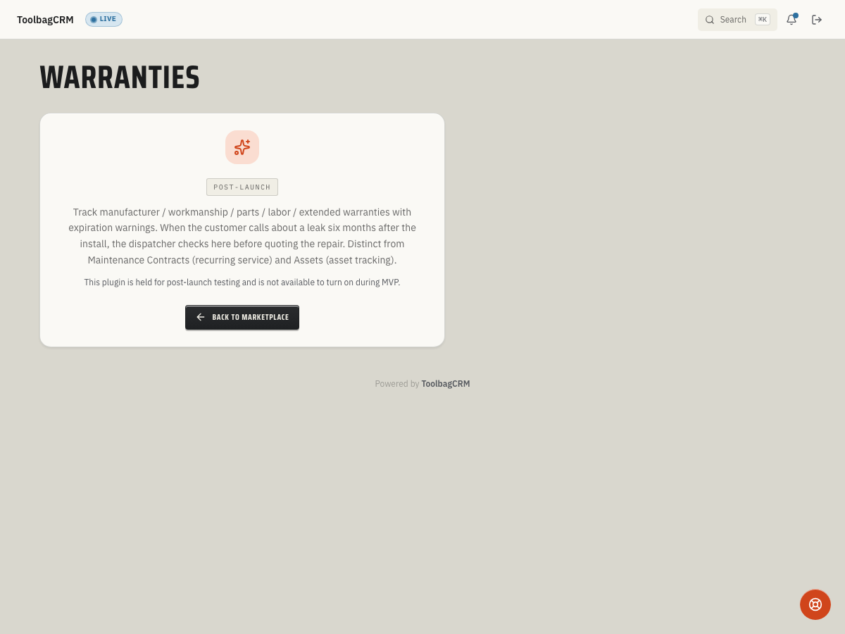ToolbagCRM Warranties enablement state