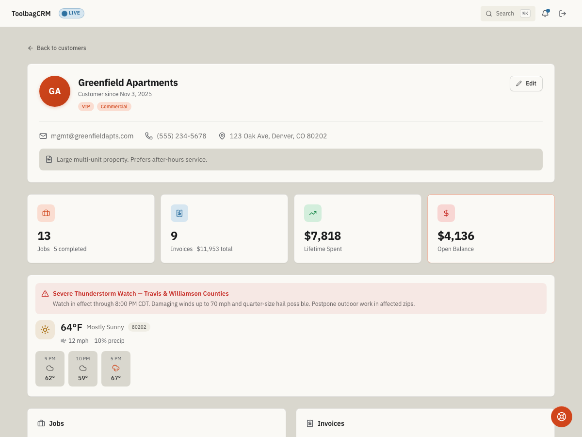 ToolbagCRM Weather plugin page showing forecast and severe-weather alert information