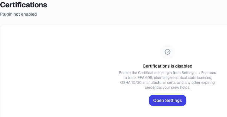 Cropped ToolbagCRM Certifications disabled-state card with Open Settings action