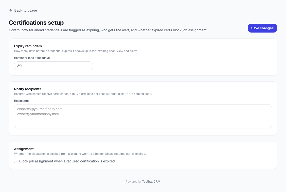 ToolbagCRM Certifications setup page with expiry warning, notify recipients, and assignment options