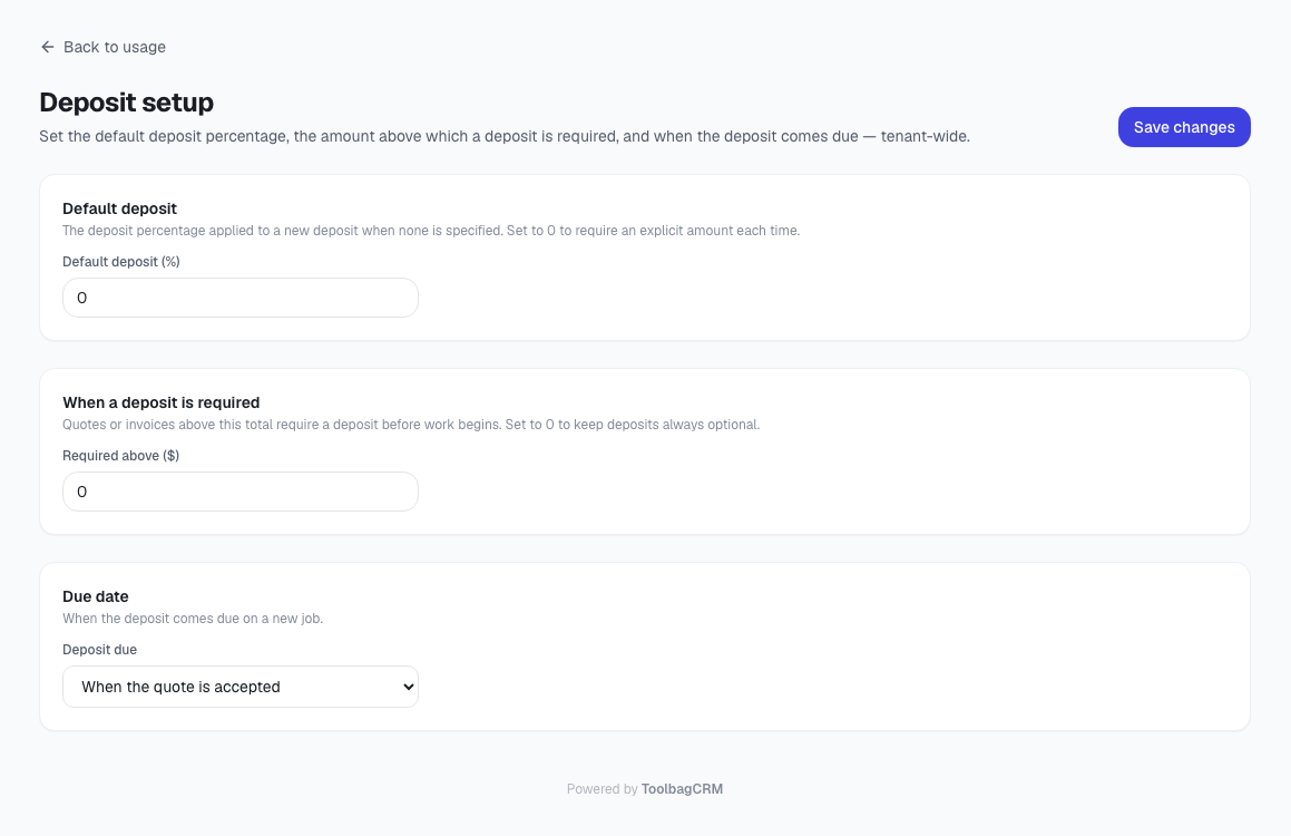 ToolbagCRM Deposit setup page with default deposit percent, high-value threshold, and due-date settings