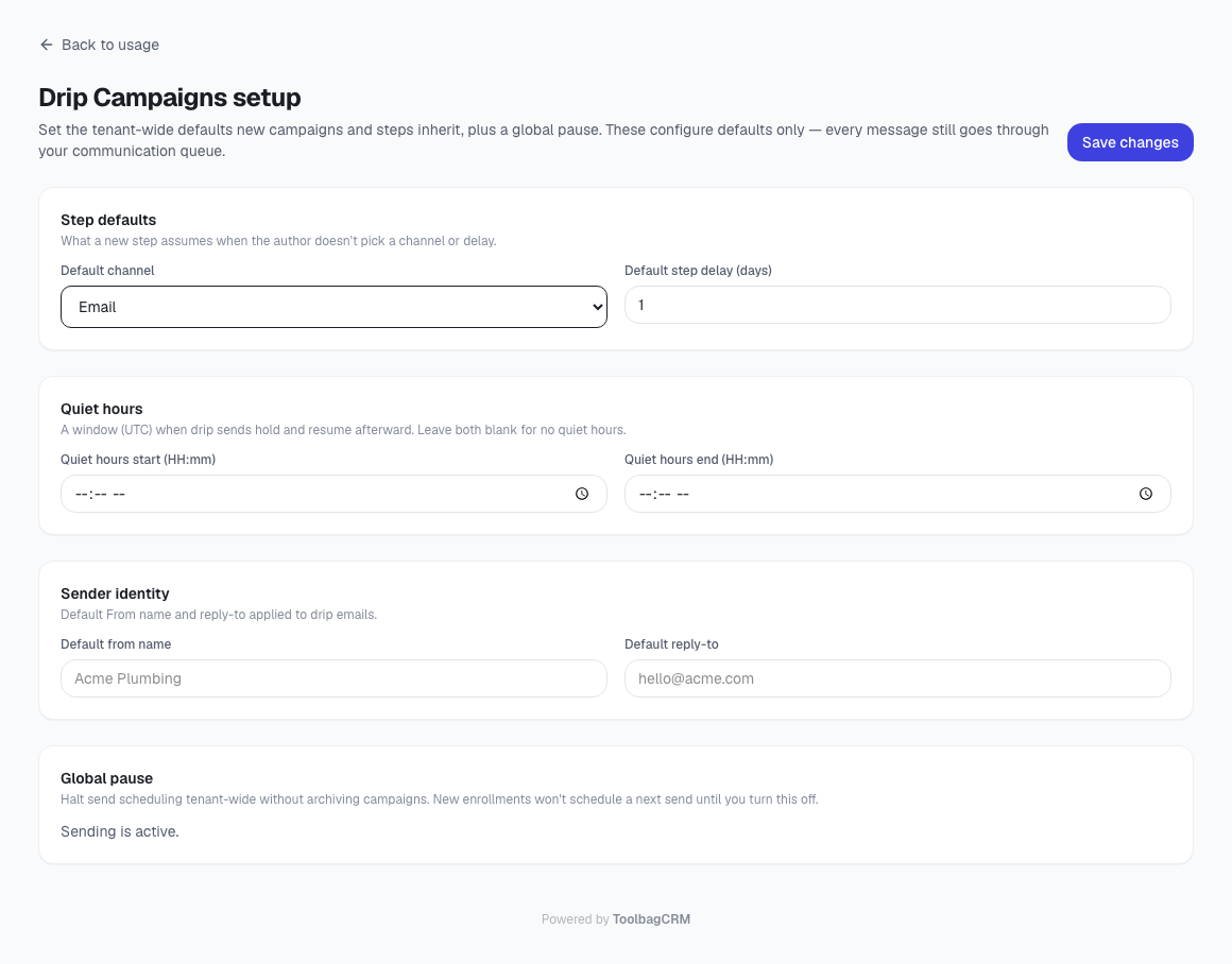 ToolbagCRM Drip Campaigns setup page with default channel, sender identity, and opt-out settings
