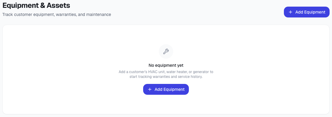 ToolbagCRM Equipment and Assets page showing customer equipment rows with make, model, install date, warranty date, and status