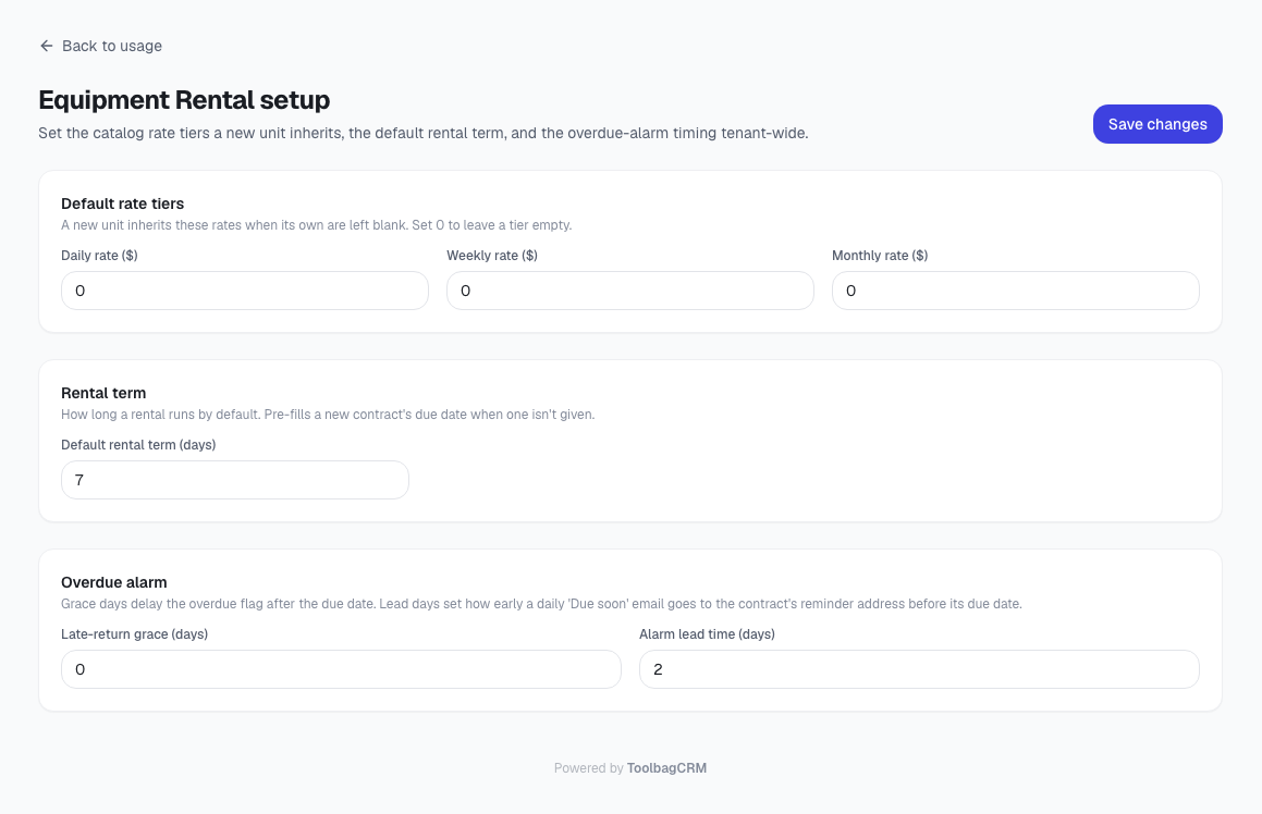 ToolbagCRM Equipment Rental setup page with default rates, handoff notes, overdue alerts, and lost damage grace period