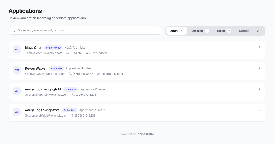 ToolbagCRM HR Applications page showing candidate rows and status filters